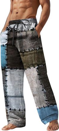 Generic Mens Linen Trousers Patchwork Trousers Men Fashionable Personalised Patched Linen Trouser High Elastic Waisted Drawstring Trouser With Pockets Relaxed