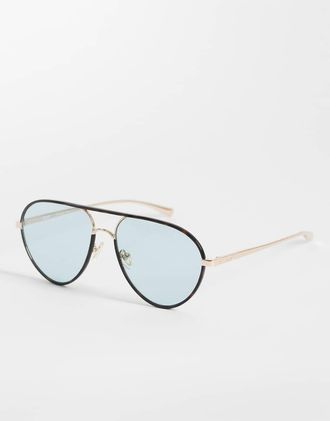 Quay Quay - Say Less Metal - Occhiali da sole aviatore neri e dorati con lenti blu acqua-Nero