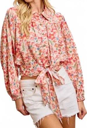 Bibi Floral Print Tie Hem Detail Crop Shirt In Cream