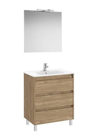 Roca Mueble Lavabo 700mm Tenet 3 Cajones + Espejo Y Aplique Led Nogal