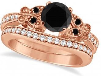 Allurez Butterfly Black and White Diamond Bridal Set 14k Rose Gold 1.14ct