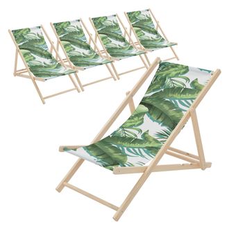 ECD Germany Ecd Germany 5x Sillas De Playa De Madera Con Dise&ntilde;o Tropical Verde-blanca Tumbona Plegable Con Respaldo Ajustable En 3 Posiciones De Reclinaci&oacute;n Asien