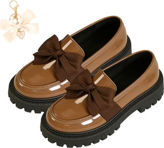 Generic Bowknot Retro Thick-Soled Shoes, 2026 Patent Leather Slip-On Flats Chunky Platform for Office Business Daily Wear (Brown-a, Adult, Women, 7.5, Numeric
