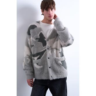 Topman Abstract Print Fuzzy V-Neck Oversize Cardigan in Grey at Nordstrom, Size Xx-Large