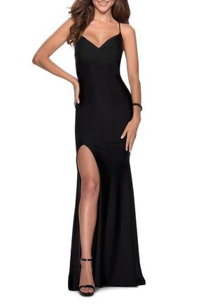 La Femme Form Fitting Jersey Prom Dress with Draped Neckline in Black at Nordstrom, Size 12