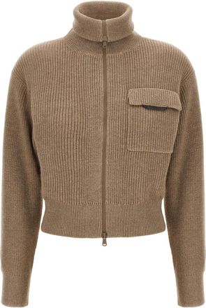 Brunello Cucinelli Beige Shiny Flap Detail Cardigan
