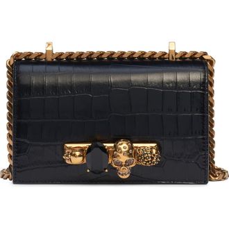 Alexander McQueen Alexander McQueen Jewelled Knuckle Croc Embossed Leather Crossbody Bag in Black/Gold at Nordstrom