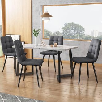 Merax Marble Effect Dining Table Set with 4 Linen Chairs, 117&times;68cm in Grey