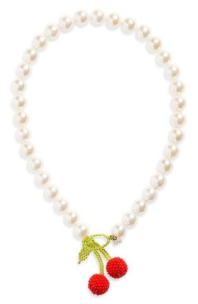 Pura Utz Mother of Cherry Faux Pearl Necklace in Pearl /Red /Green at Nordstrom