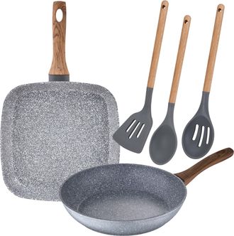 San Ignacio Juego De Sarten Con Asador Grill De 26 Cm Y 28x28 Cm En Aluminio Forjado Y Set De 3 Utensilios De Cocina San Ignacio
