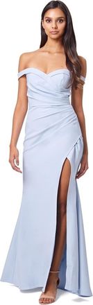 Jarlo Womens Bluebell Bardot Maxi with Thigh Split and Button Back Dress, Powder Blue, 8 UK