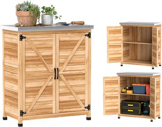 OUTSUNNY Armario De Exterior De Madera, Caseta De Jard&iacute;n Exterior Con Techo De Acero Galvanizado, Estante, 2 Puertas Para Almacenamiento Herramientas
