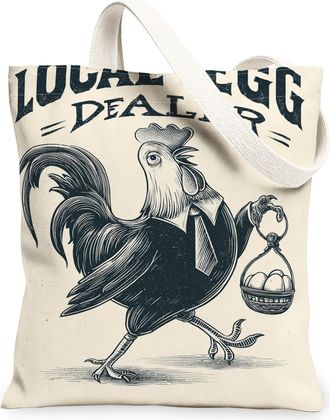 Generic Vintage Rooster Canvas Tote Bags, Rustic Chicken Design Reusable Grocery Bags, Lightweight Washable Shoulder Strap Tote for, Natural, 13x15 Inch