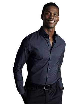 CHARLES TYRWHITT Geo Print Non-Iron Stretch Twill Shirt in Petrol Blue at Nordstrom, Size 16.5 - 35