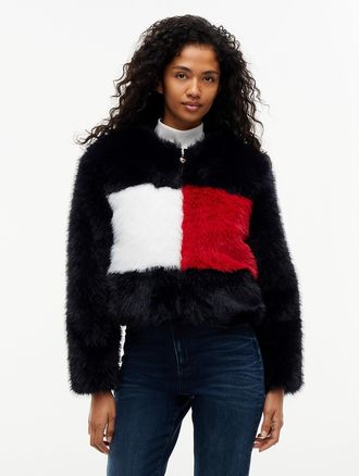 Tommy Hilfiger Womens Tommy Jeans Flag Logo Faux Fur Jacket - Dark Blue - M