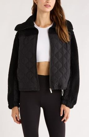 Zella Faux Shearling & Quilted Nylon Hybrid Jacket in Black at Nordstrom Rack, Size Medium