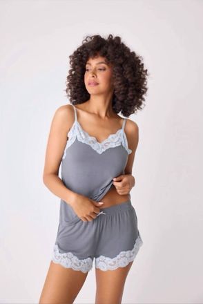 PJ Salvage Wild Dreams Modal And Lace Pajama Set In Charcoal