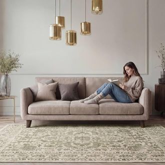Kukoon Green Beige Living Room Area Rug Traditional Floral Medallion Runner | Size: 280 cm x 380 cm