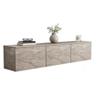 Dmora Mueble Para Tv Carosino, 3 Compartimentos, 3 Puertas Abatibles, 160x32x35h Cm Beige M&aacute;rmol