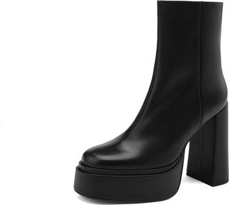 TinaCus Womens Round Toe Handmade Platform High Block Heels Genuine Leather Stylish Zip Up Ankle Boots, Black, 5 UK