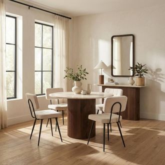 Furniturebox Penrose Marble & Walnut Effect Dining Table with 4 Cream Boucle Chairs