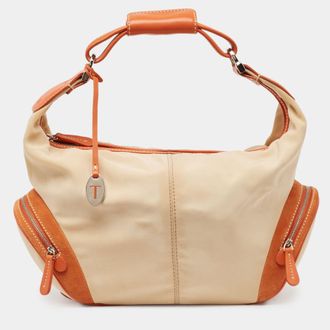 Tod's Tods Charlotte Beige Leather Nylon And Suede Hobos