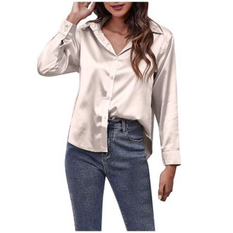 Generic Curve Shirts Blouses Women Dressy Silk Satin Button-Down Shirts Long Sleeve Oversized Shirt Lightweight Casual Loose-Fit Office Work Blouses Ladies Co