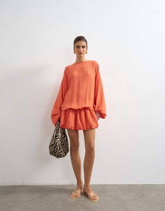 Topshop Vestito corto a campana a maniche lunghe color corallo acceso-Giallo