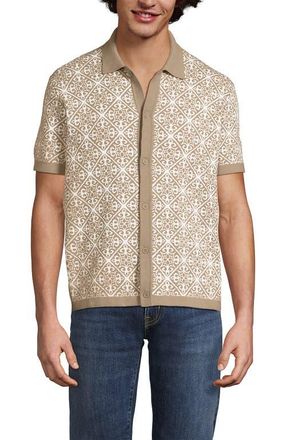 Lands End Short Sleeve Tile Jacquard Button Down Sweater Polo in Khaki /vanilla Tile at Nordstrom, Size Medium