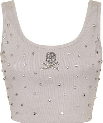 Philipp Plein Jersey Rib Cropped Top Stones - Dames - Tops zonder mouwen - Grijs - L - Katoen - Tops