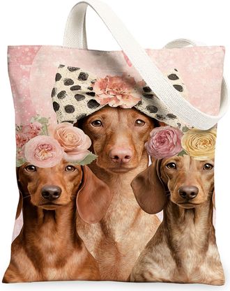 Generic Floral Dogs Canvas Tote Bags, Vintage Animal Design Reusable Grocery Bags, Lightweight Washable Shoulder Strap Canvas for T, Peach, 13x15 Inch