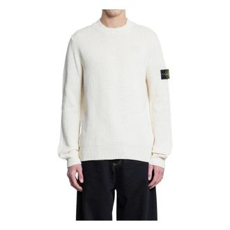 Stone Island Round-neck Knitwear, male, White, 2XL, Ivory Cotton Knit Crew Neck Jumper