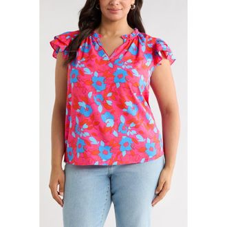 Sugarlips Lusma Floral Bellissima Ruffle Top in Fuchsia-Blue-Multi at Nordstrom, Size 2 X