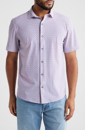 Johnston & Murphy XC+ Motion Medallion Print Short-Sleeve Performance Knit Button-Up Shirt in Pink Medallion at Nordstrom, Size Xx-Large