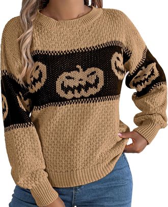 Generic Casual Ladies Hoodie Jacket Casual Ladies Fleece Womens Autumn Round Neck Halloween Pumpkin Knitted Warm and Loose Long Sleeved Pullover Sweater Cute 