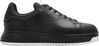 Emporio Armani Zwarte Leren Vetersneakers - Heren - Sneakers - Zwart - 42 EU - Schoenen