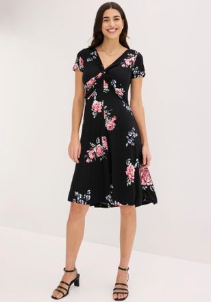 Bonprix Jerseykleid BONPRIX, Damen, Gr. 56/58 (XXXL), N-Gr, schwarz (schwarz gebl&uuml;mt), Obermaterial: 95% Viskose, 5% Elasthan, ausgestellt, Kleider Jerseyklei