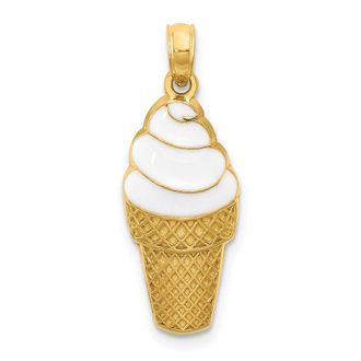 Diamond2Deal 14k Yellow Gold White Enameled Vanilla Ice Cream Cone Pendant
