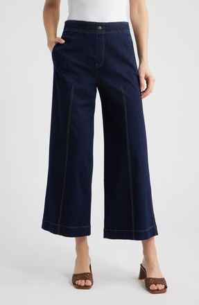 Hue Fine Lines Crop Wide Leg Pull-On Pants in Black Indigo at Nordstrom, Size X-Large