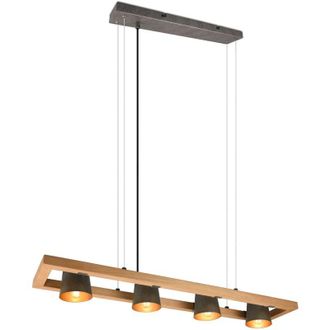 Trio Bell sospensione legno naturale 4 spots orientabili diffusori metallo acciaio anticato interno oro l. 100CM attacco E14
