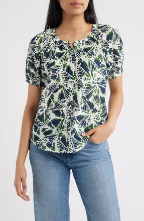 Bobeau Abstract Print Puff Sleeve Button-Up Top in Navy/green at Nordstrom, Size X-Large