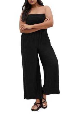 City Chic Ally Smocked Strapless Wide Leg Jumpsuit in Black at Nordstrom, Size Xxxs