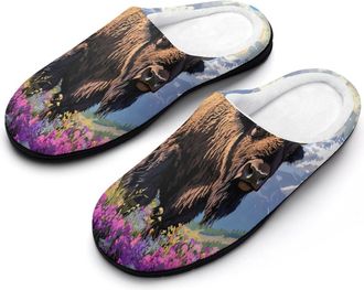 Generic Bison Snowy Mountain Flowers Cotton Slippers for Women Memory Foam Comfy House Shoes with Anti-Skid Rubber Sole