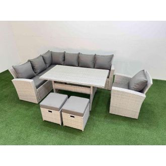 Fimous 9 Seater Rattan Garden Furniture Set Outdoor Patio Dining Corner Sofa Sets with Dining Table Chair 2 Small Footstools Light Grey Mixed - Fimous
