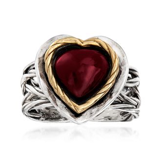 Ross-Simons Garnet Heart Ring in Sterling Silver and 14kt Yellow Gold
