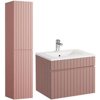 Vente-Unique Mobile per bagno sospeso scanalato con lavabo da incasso e colonna - 60 cm - Rosa - SATARA