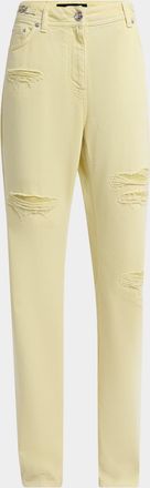 Versace Chainmail Inset Distressed Pastel Denim Straight-Leg Pants