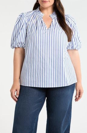 Sugarlips Stripe Split Neck Top in White-Blue at Nordstrom, Size 2 X