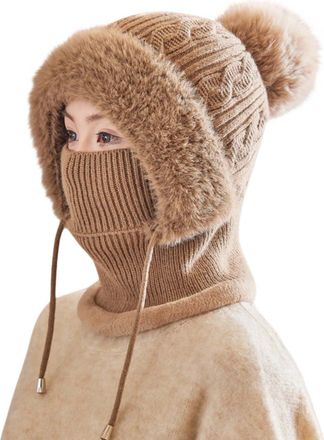 Generic Winter Hat Scarf Set for Women Knit Balaclava Ski Mask with Face Mask, Warm Fleece Lined Beanie Hat Pom Pom Bouble Adjustable Drawstring Windproof Hoo