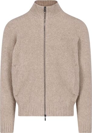 Drumohr Beige Wool Ribbed High Collar Zip-Up Sweater